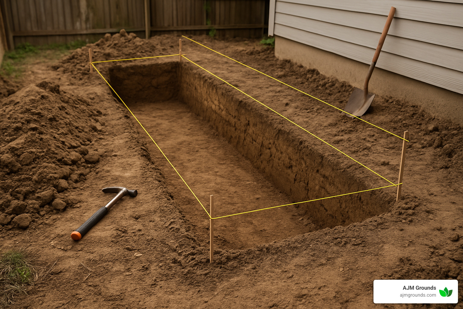 excavated trench with level string lines - concrete block wall installation