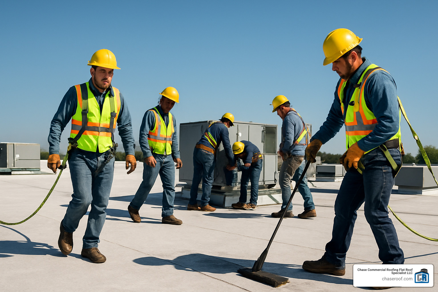 Professional roofing crew working safely on a large commercial roof - commercial roof contractor