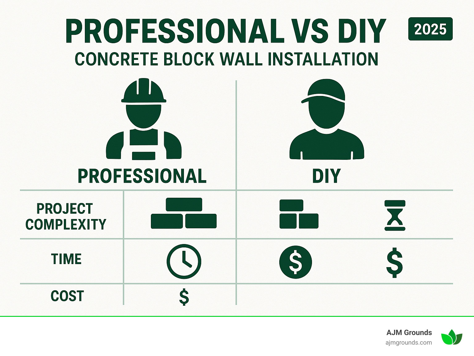 Professional vs DIY comparison infographic showing project complexity, time requirements, and cost considerations - concrete block wall installation infographic 