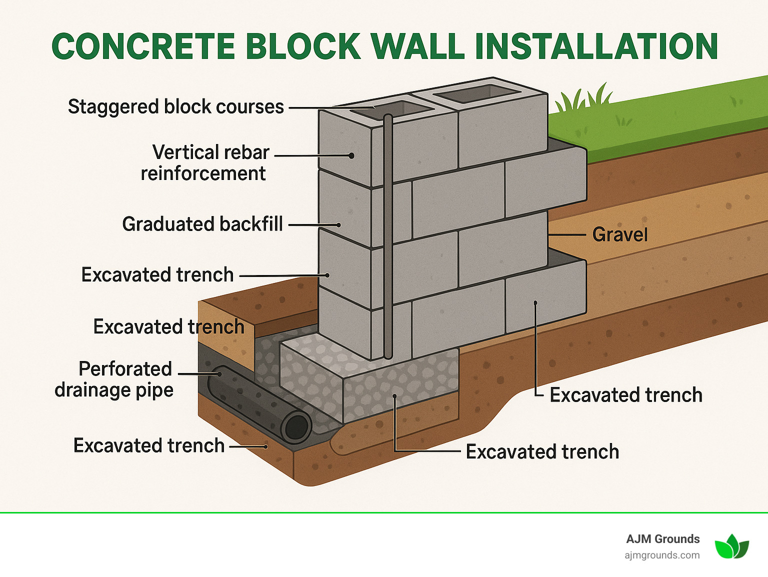 Detailed infographic showing concrete block wall anatomy including excavated trench, gravel base foundation, staggered block courses with mortar joints, vertical rebar reinforcement, perforated drainage pipe, landscape fabric, and graduated backfill layers from gravel to topsoil - concrete block wall installation infographic 