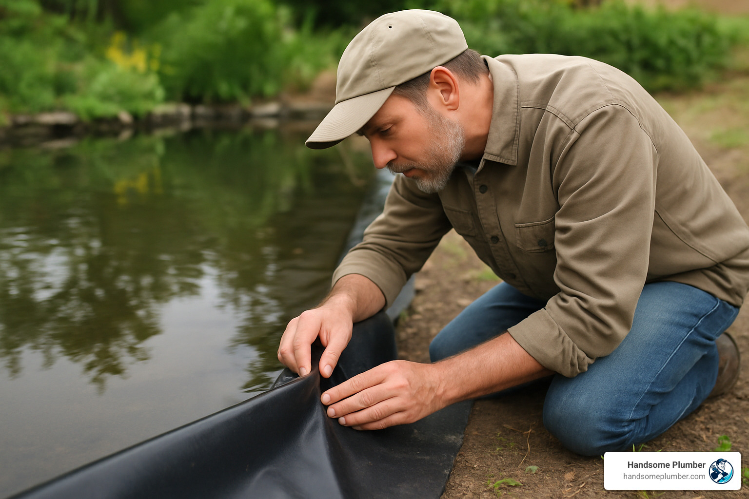pond owner inspecting the liner edge - hole in pond liner