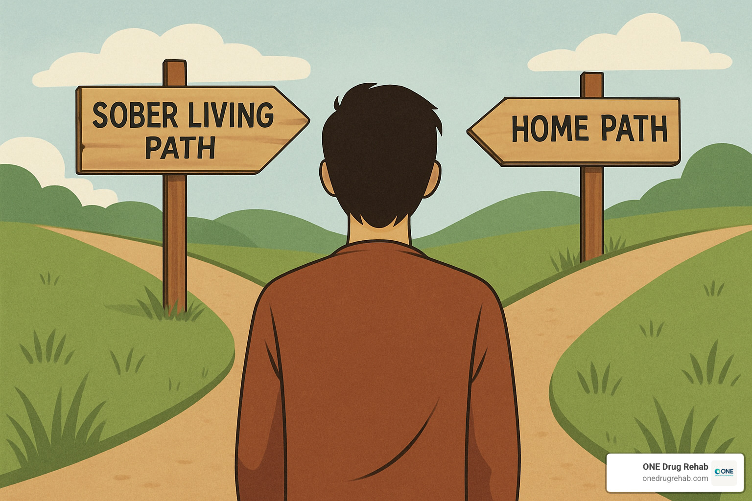 Person at a crossroads, looking at signs for "Sober Living Path" and "Home Path" - iop sober living Person at a crossroads, looking at signs for "Sober Living Path" and "Home Path" - iop sober living
