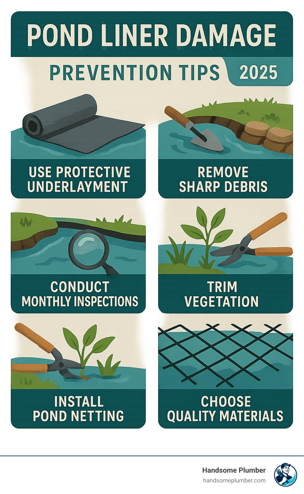 Infographic showing pond liner damage prevention tips: Use protective underlayment, remove sharp debris, secure edges properly, conduct monthly inspections, trim vegetation, install pond netting, and choose quality materials - hole in pond liner infographic 