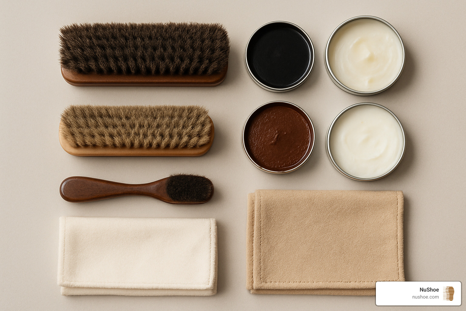 Complete leather shoe care kit laid out neatly - renew leather shoes