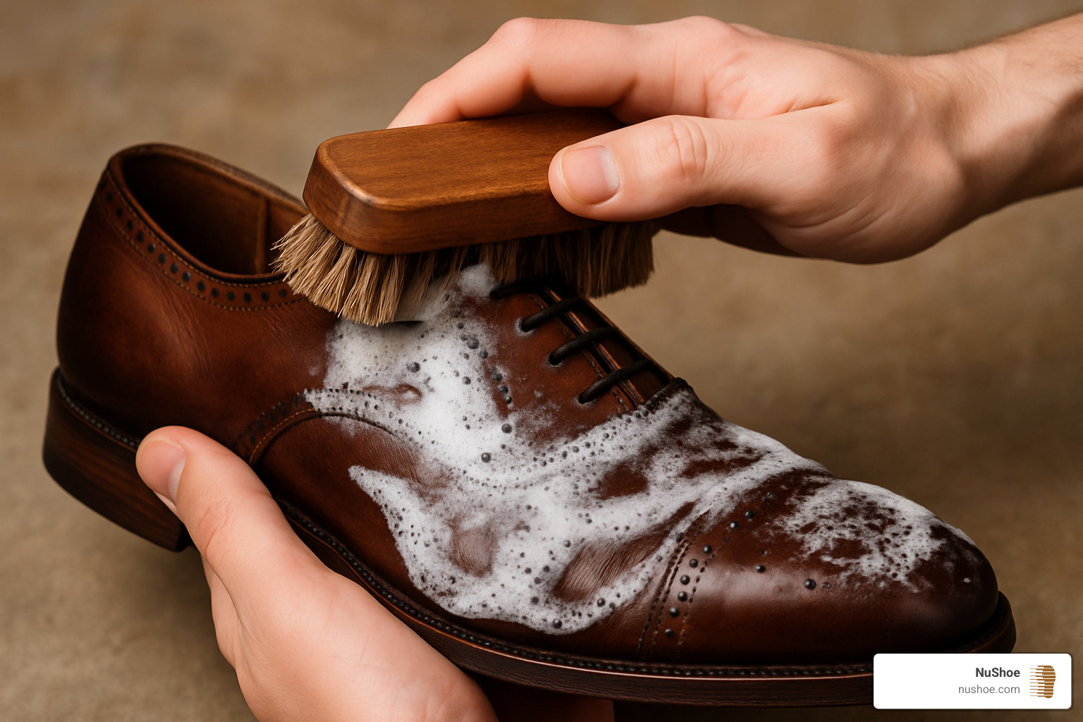 Hands cleaning a leather shoe with a brush and saddle soap lather - renew leather shoes
