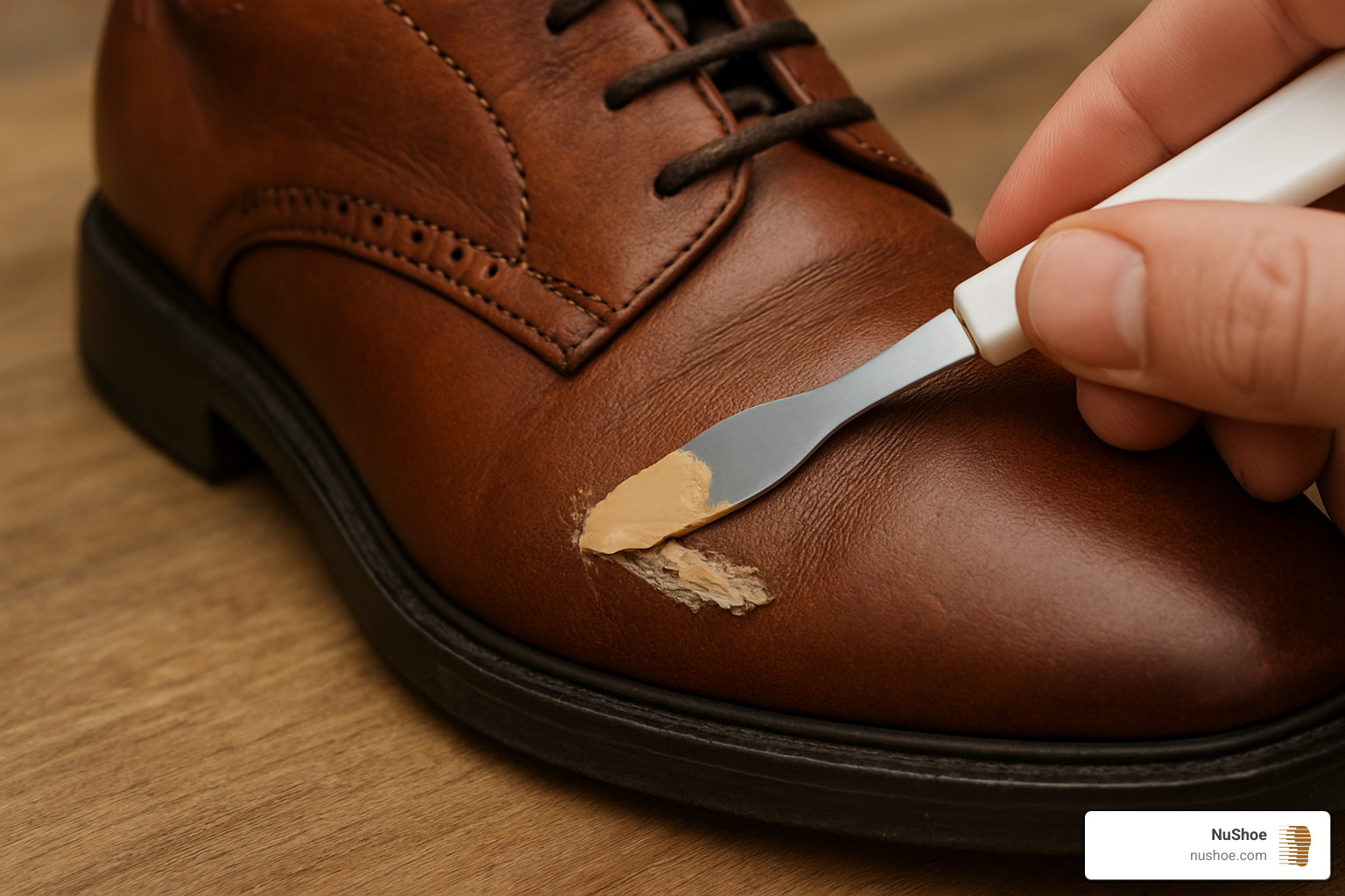 A deep scuff being filled with leather filler on a spatula - renew leather shoes