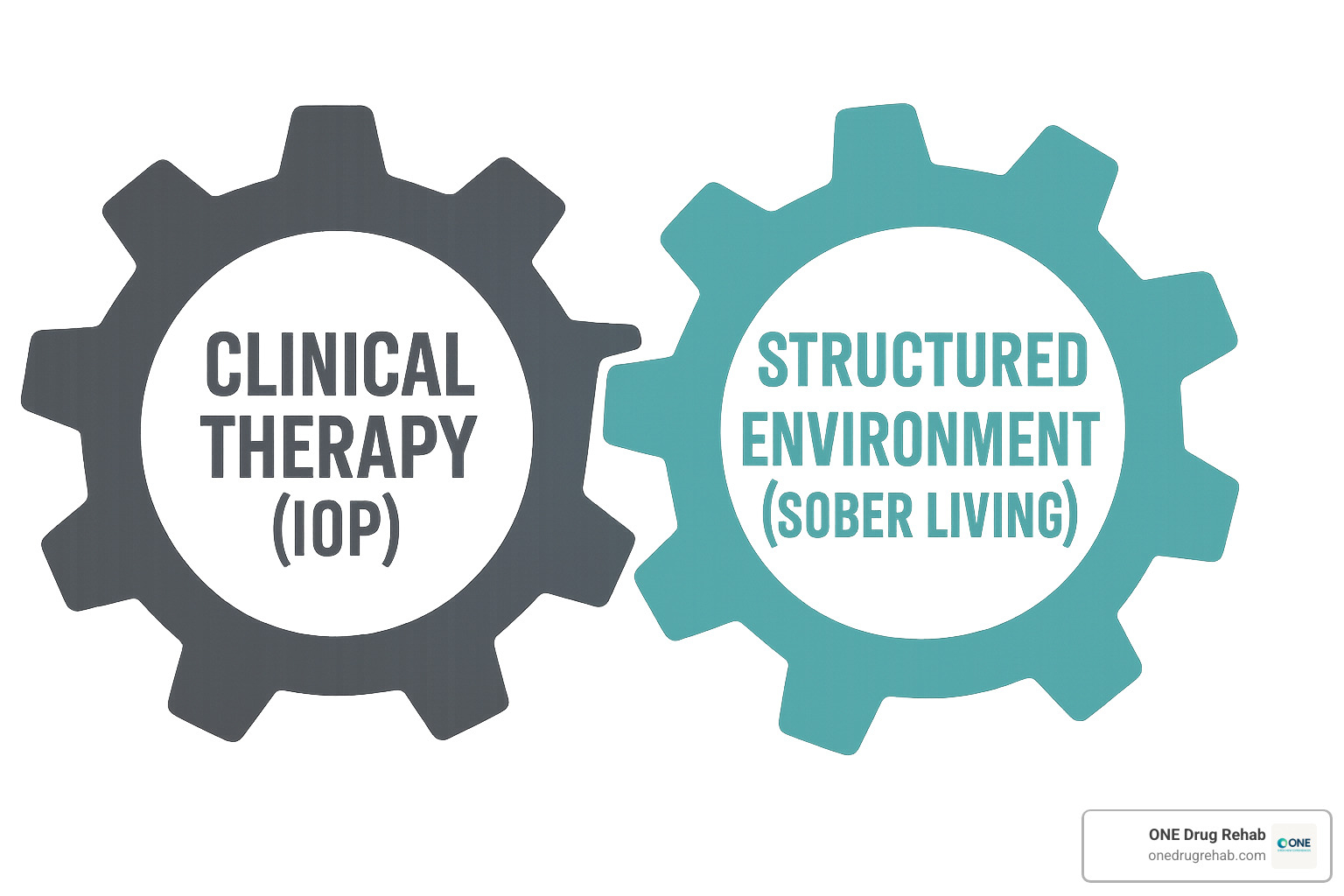 Two interlocking gears, one labeled "Clinical Therapy (IOP)" and the other "Structured Environment (Sober Living)" - iop sober living Two interlocking gears, one labeled "Clinical Therapy (IOP)" and the other "Structured Environment (Sober Living)" - iop sober living
