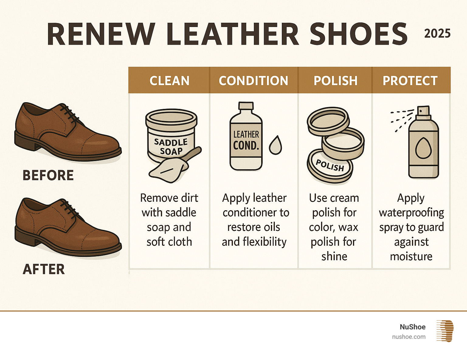Complete leather shoe renewal process showing cleaning, conditioning, polishing, and protection steps with before and after comparisons - renew leather shoes infographic 