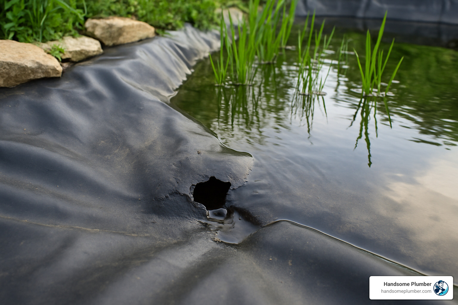 measuring stick showing water level drop in a pond - hole in pond liner