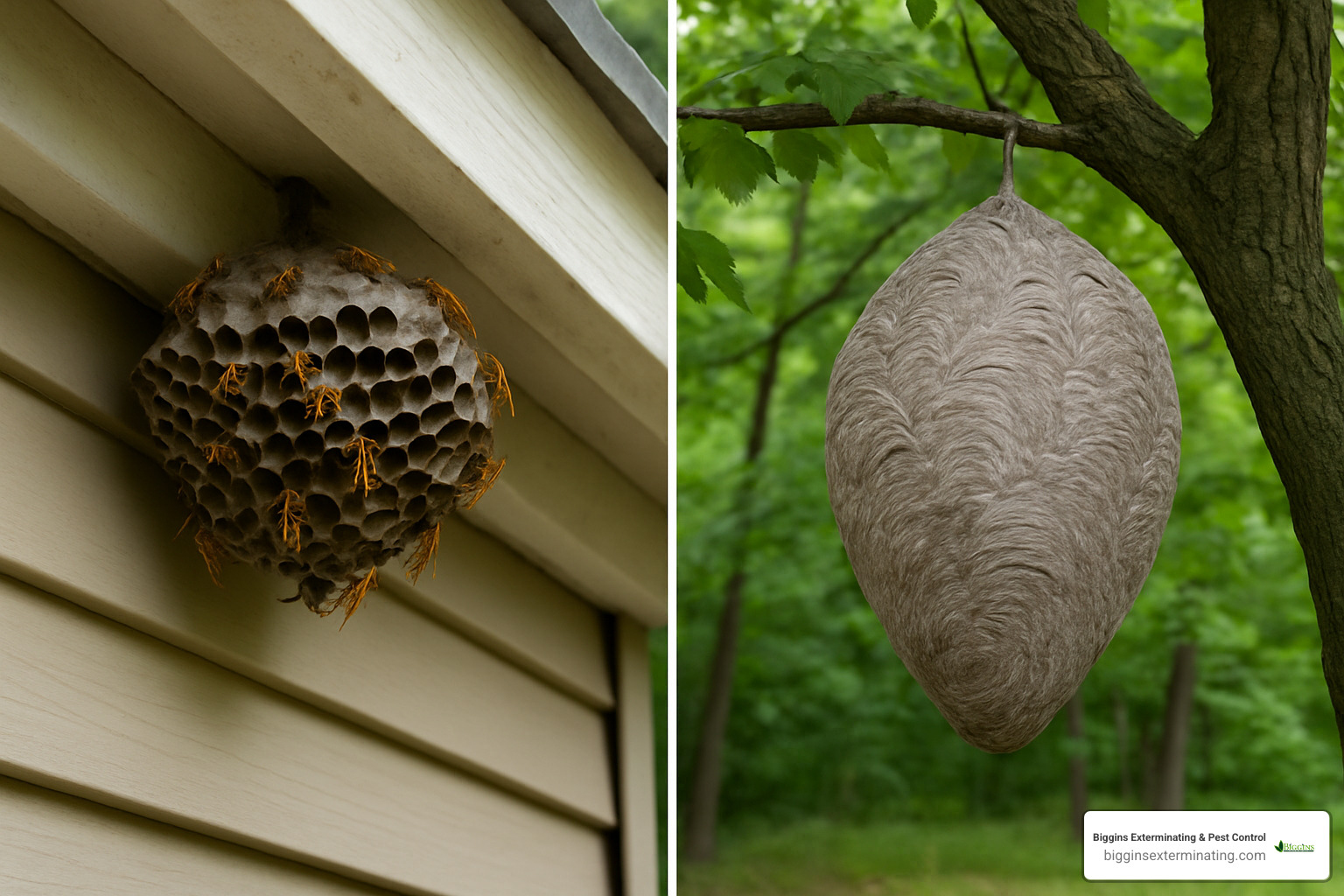 paper wasp nest under eave and hornet nest in tree - wasp hornet control