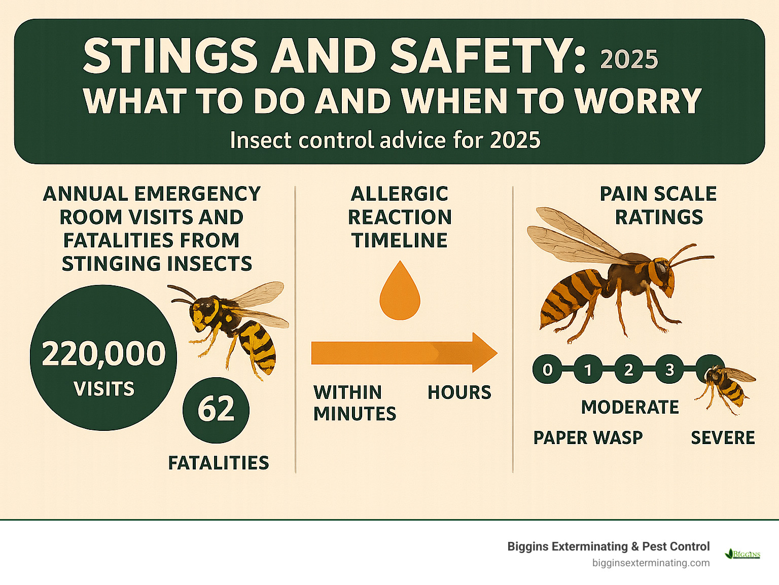 Statistics showing annual emergency room visits and fatalities from stinging insects, allergic reaction timeline, and pain scale ratings - wasp hornet control infographic 