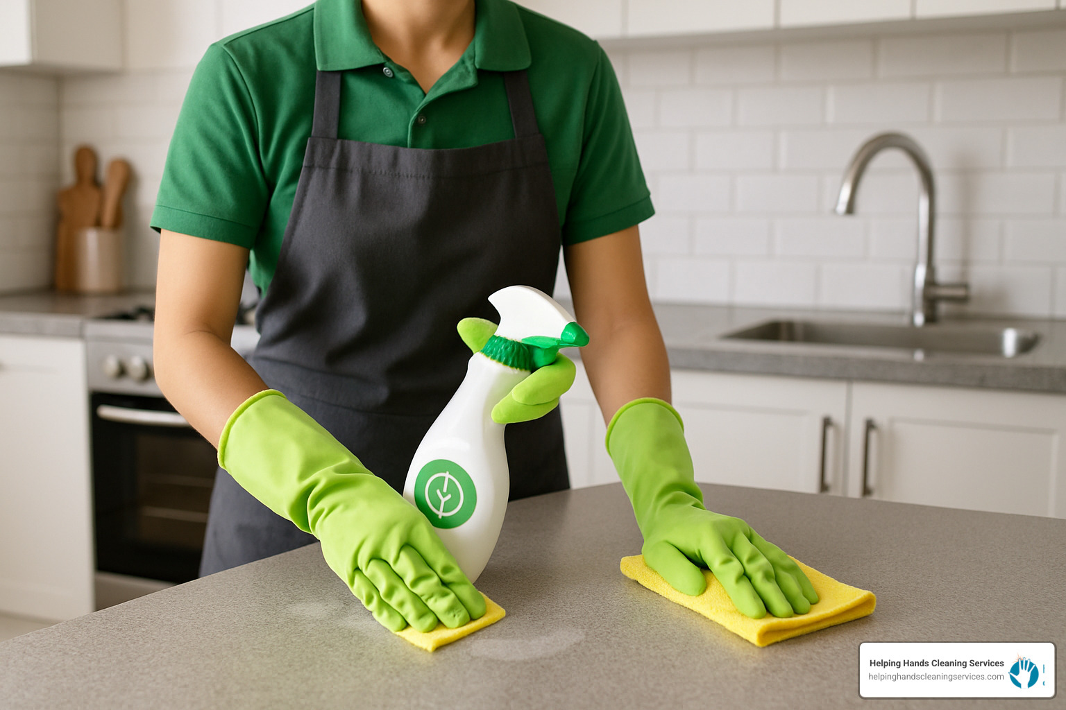 A professional cleaner using eco-friendly products on a kitchen countertop - home cleaning services wheaton il
