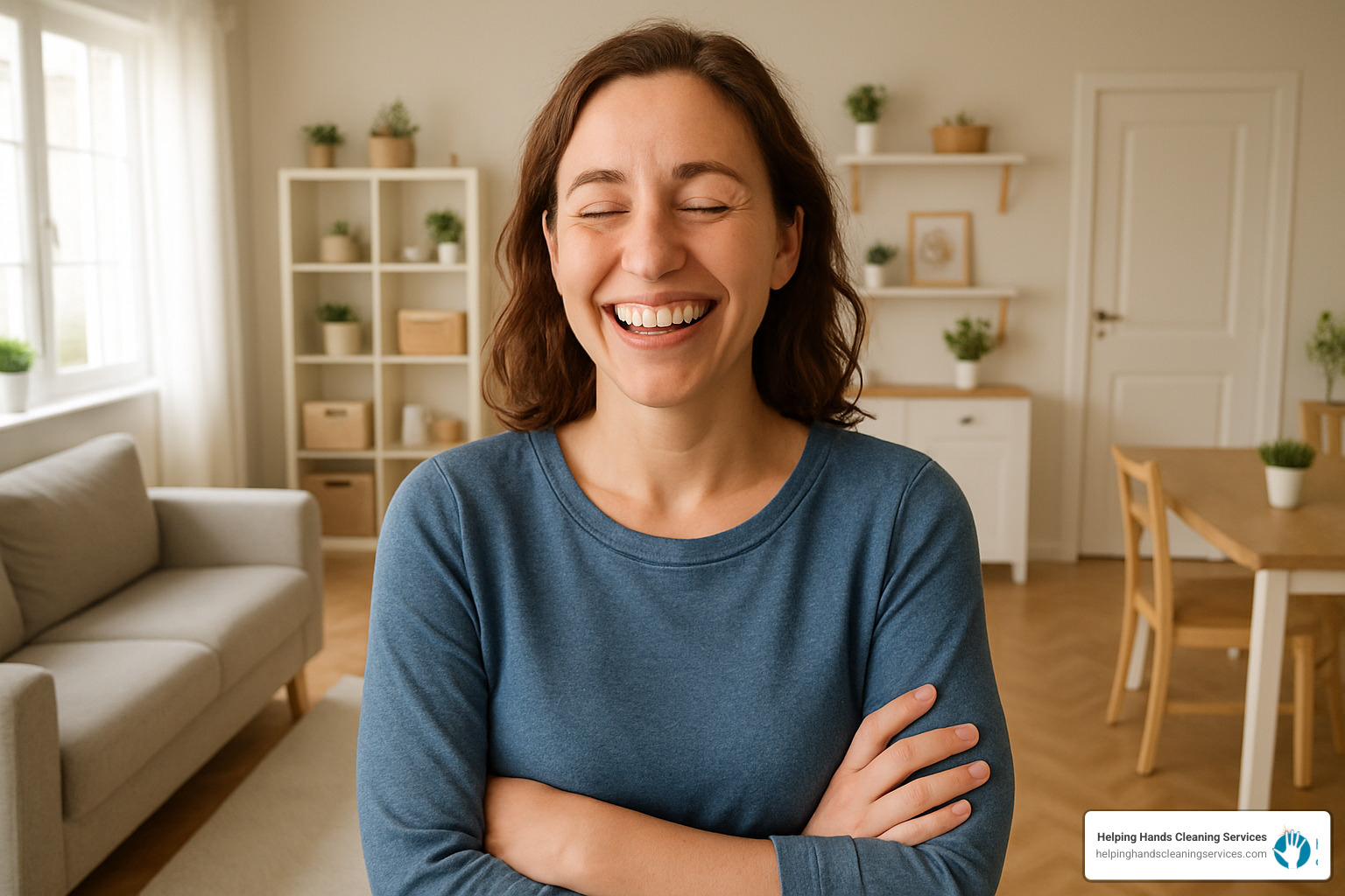 A person smiling while looking at their clean home, feeling relieved - home cleaning services wheaton il