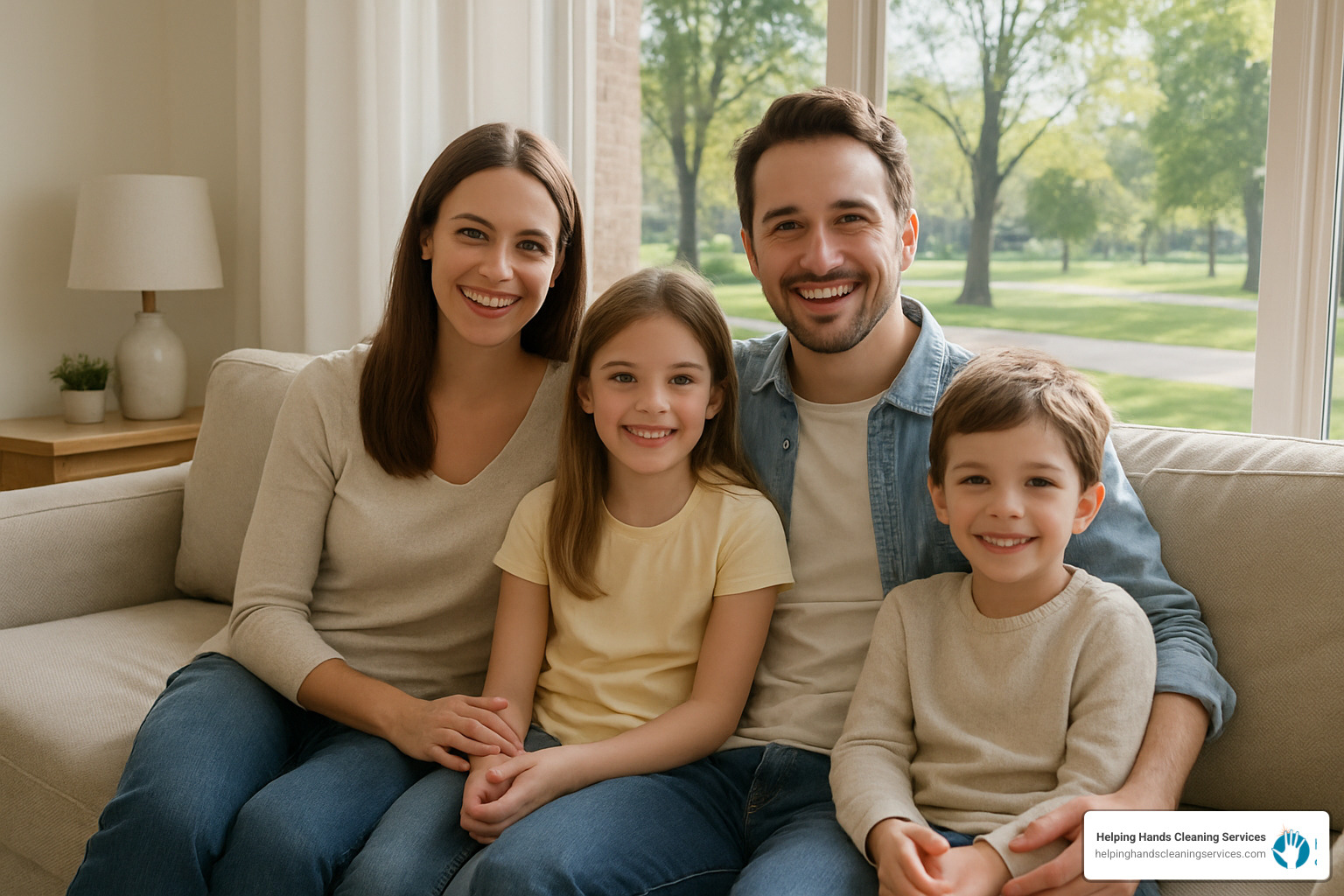 A smiling family relaxing in a spotless, sunlit living room, with Wheaton's local scenery visible through a window - home cleaning services wheaton il