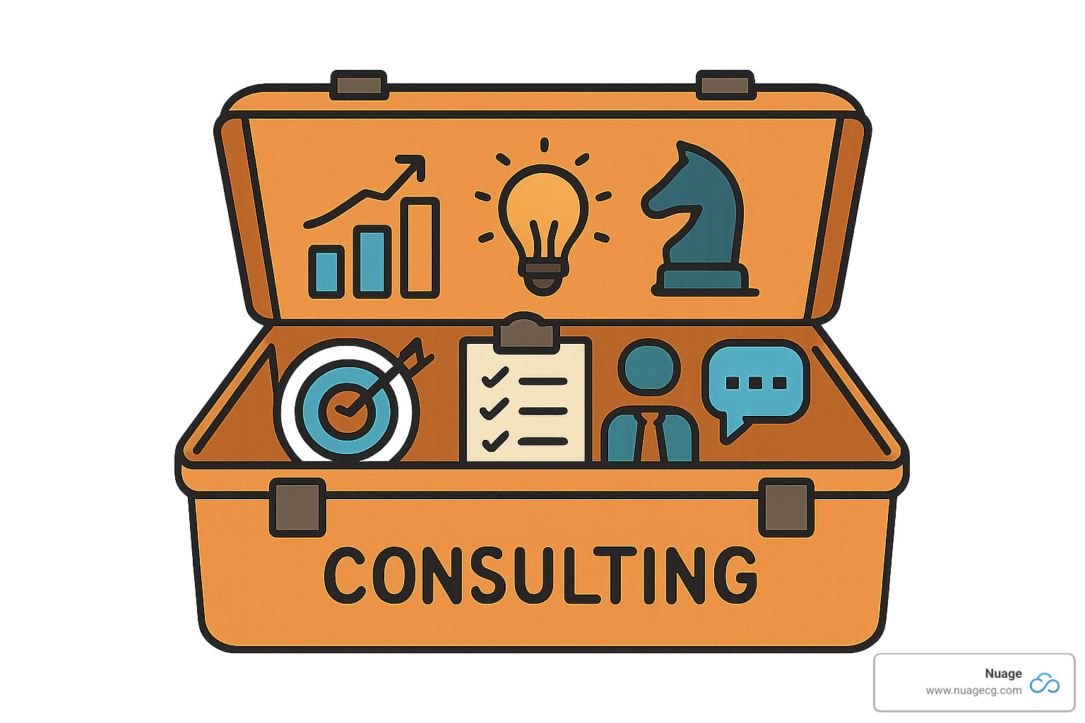 Toolbox filled with icons representing different consulting services - erp implementation consulting