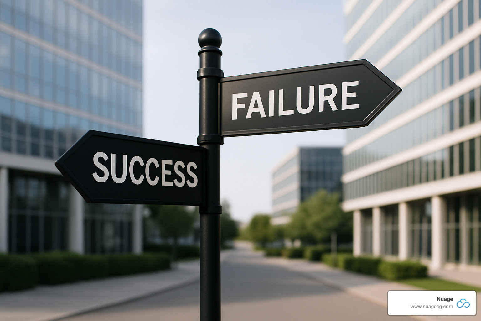 Signpost with arrows pointing to Success and Failure paths - erp implementation consulting