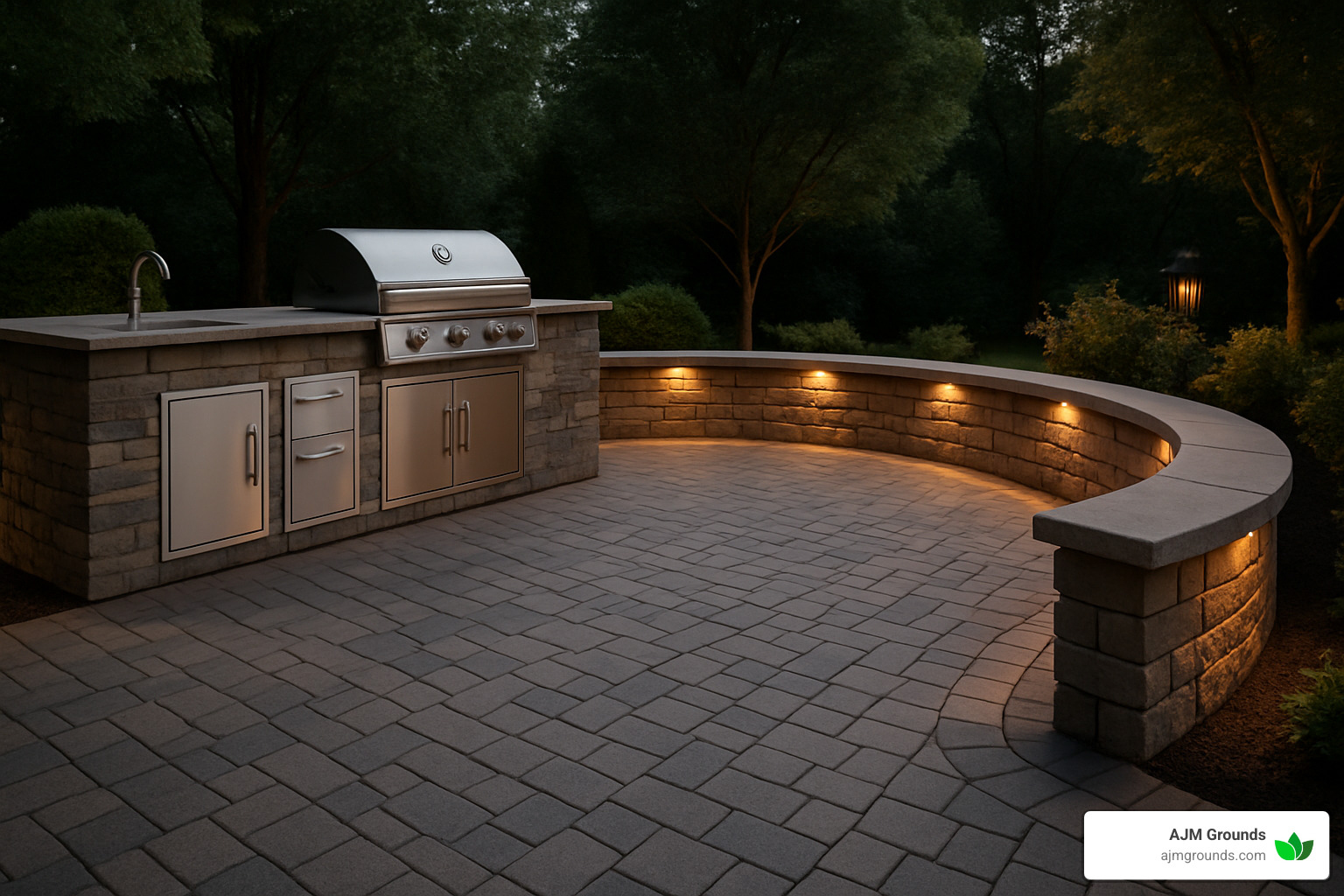 An neat paver patio featuring a built-in outdoor kitchen, seating wall, and ambient lighting demonstrating sophisticated hardscape design - landscape vs hardscape An neat paver patio featuring a built-in outdoor kitchen, seating wall, and ambient lighting demonstrating sophisticated hardscape design - landscape vs hardscape