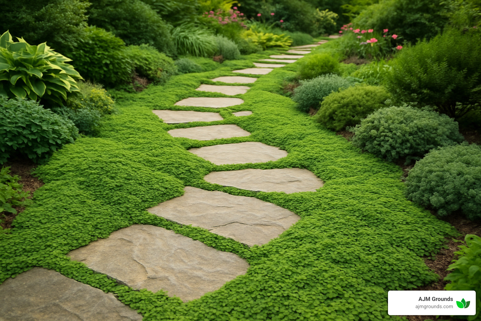 A stone walkway winding through a garden, with soft ground cover plants growing between the stones creating a perfect blend of hardscape and landscape elements - landscape vs hardscape A stone walkway winding through a garden, with soft ground cover plants growing between the stones creating a perfect blend of hardscape and landscape elements - landscape vs hardscape