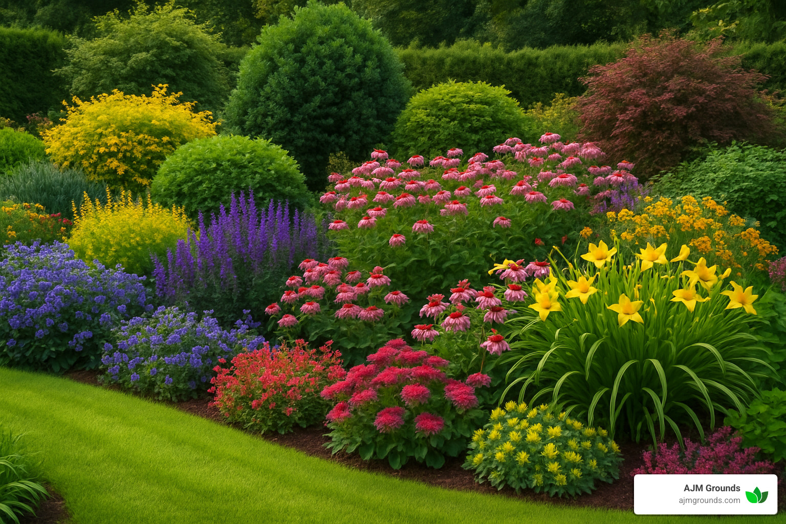 A vibrant, multi-layered garden with healthy shrubs, perennial flowers, and a manicured lawn showcasing the beauty of softscape elements - landscape vs hardscape A vibrant, multi-layered garden with healthy shrubs, perennial flowers, and a manicured lawn showcasing the beauty of softscape elements - landscape vs hardscape