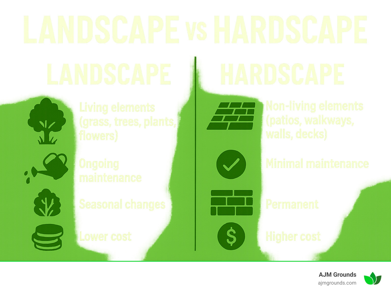 Infographic showing the core differences between hardscape elements (stone patios, walkways, retaining walls, decks) and landscape elements (grass, trees, shrubs, flowers) with icons and brief descriptions of maintenance requirements and benefits - landscape vs hardscape infographic Infographic showing the core differences between hardscape elements (stone patios, walkways, retaining walls, decks) and landscape elements (grass, trees, shrubs, flowers) with icons and brief descriptions of maintenance requirements and benefits - landscape vs hardscape infographic