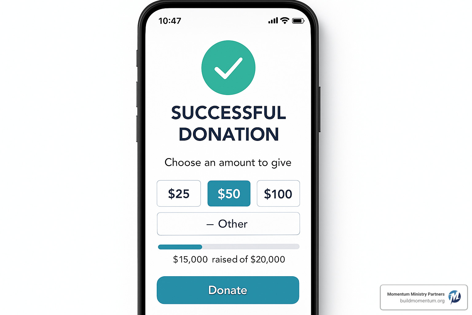 smartphone screen showing a successful online donation page with clear giving options and progress tracking - youth group fundraiser ideas