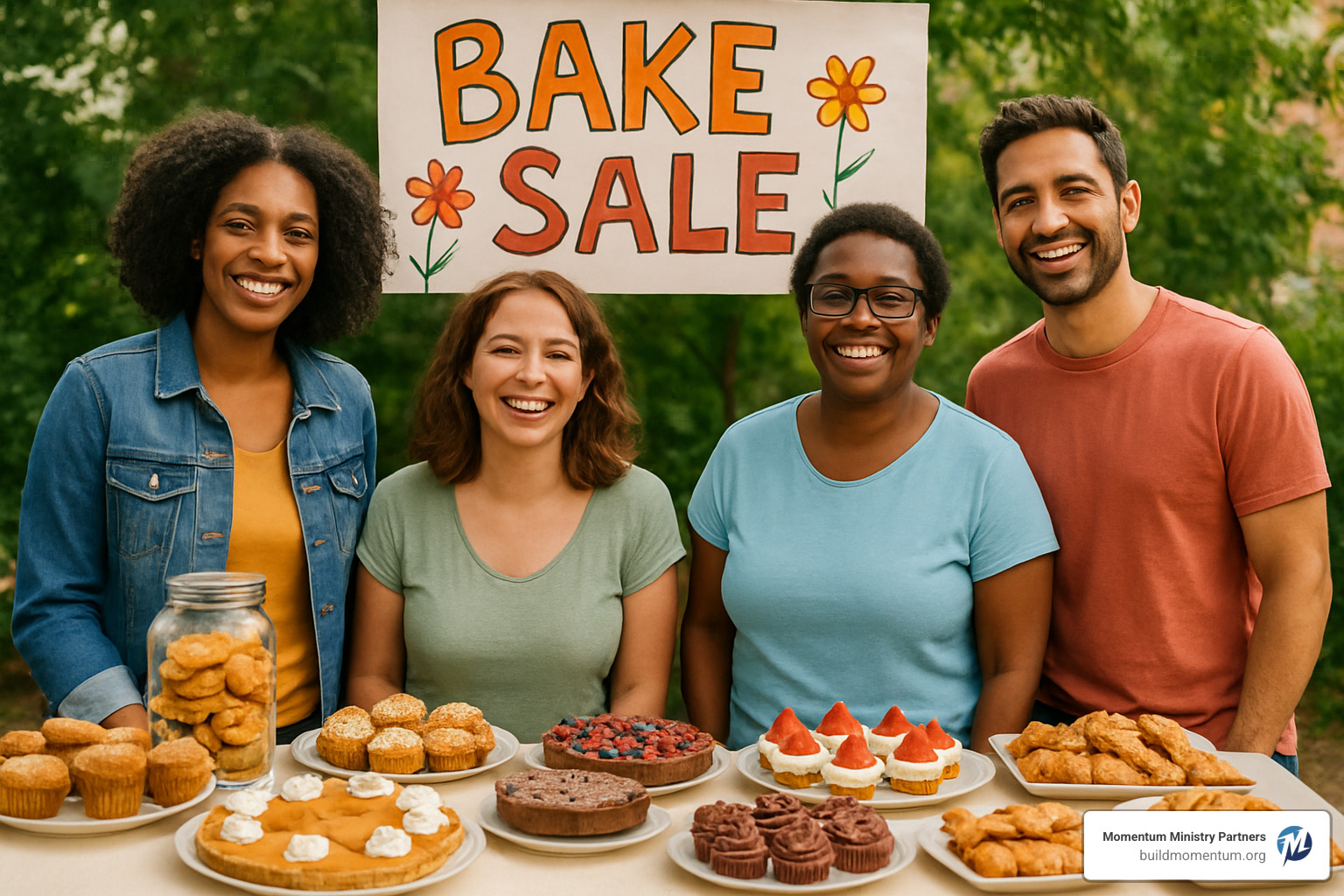 vibrant bake sale table filled with homemade treats and attended by smiling community members - youth group fundraiser ideas