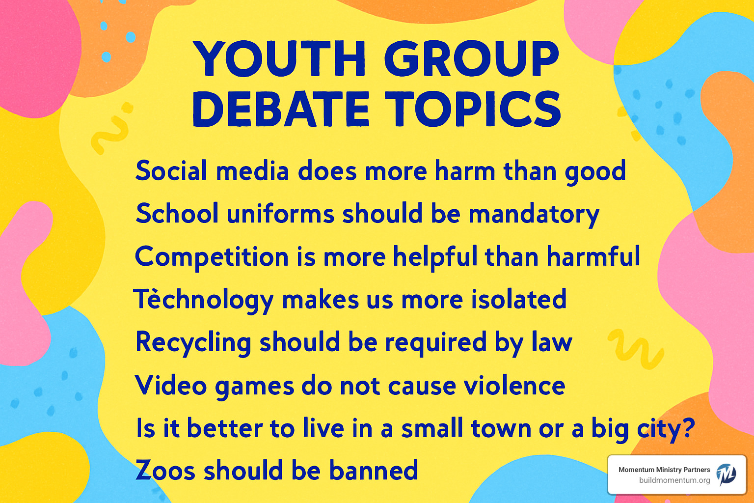 list of debate topics on a colorful background - youth group debate topics