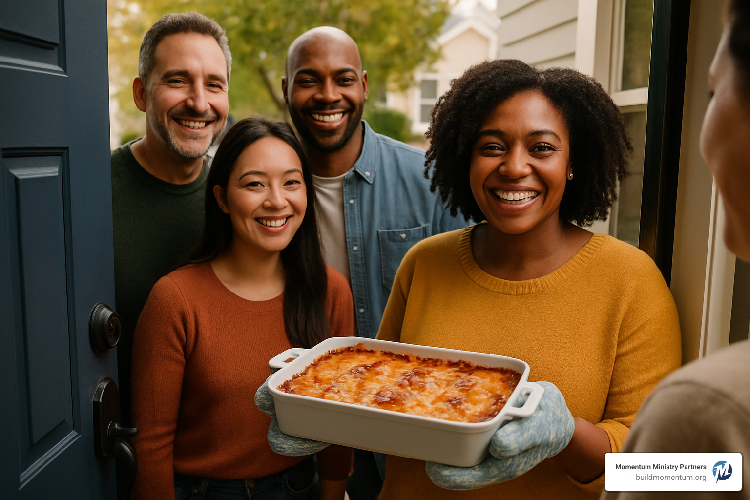 People bringing a meal to a neighbor - shared suffering activities
