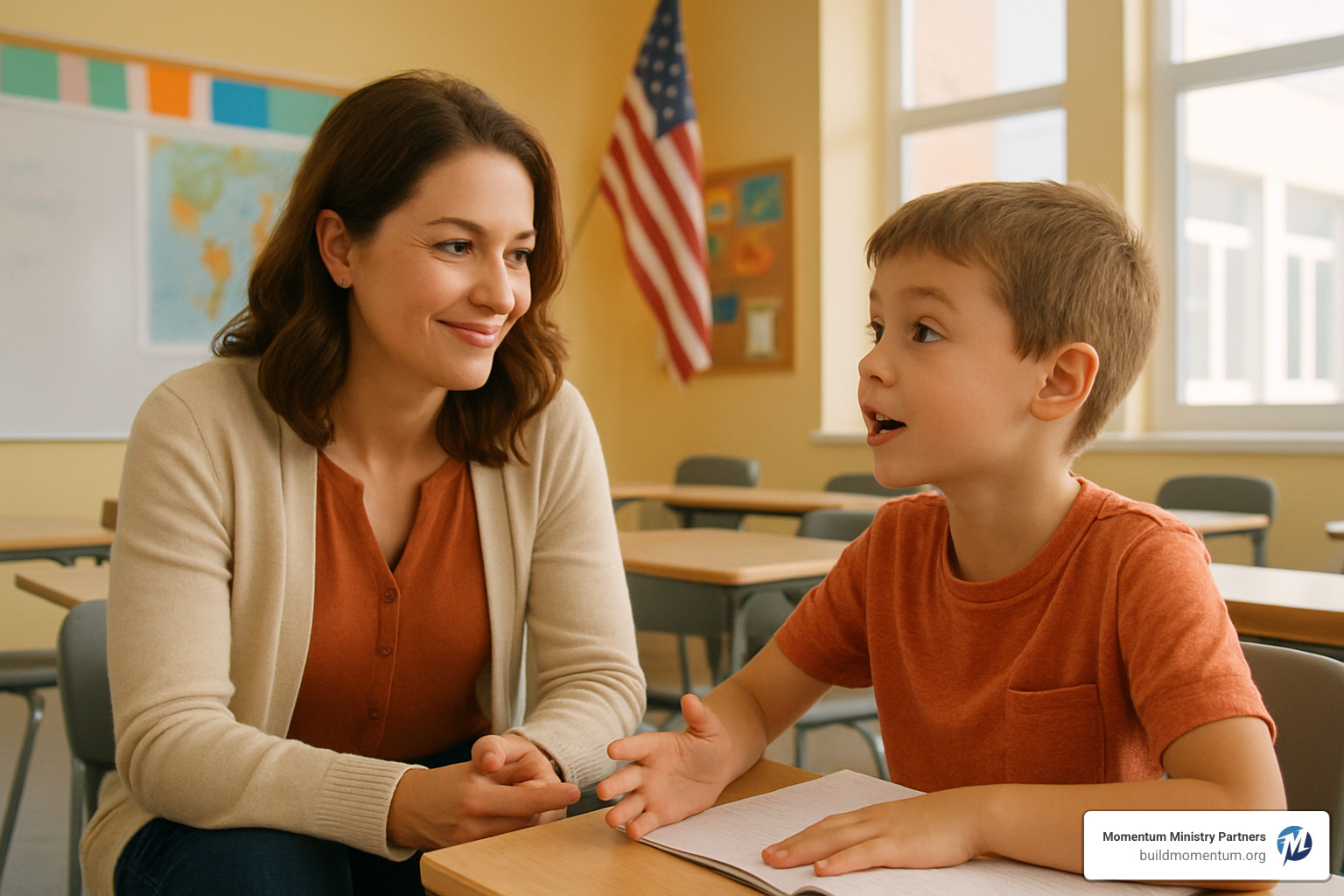A teacher respectfully listening to a young student - christian values for schools