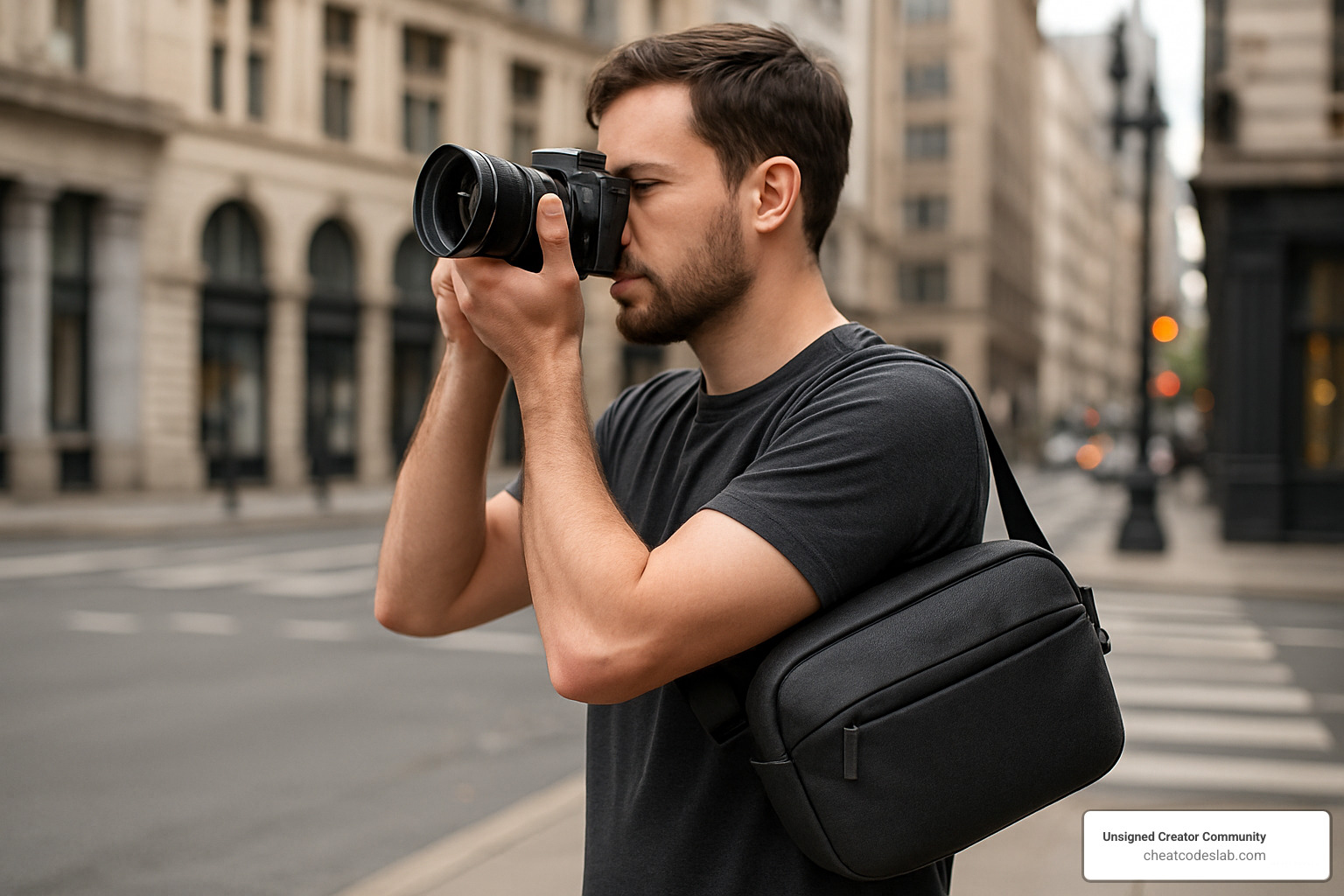 photographer with discreet sling bag in city - best camera bag for travel photographer