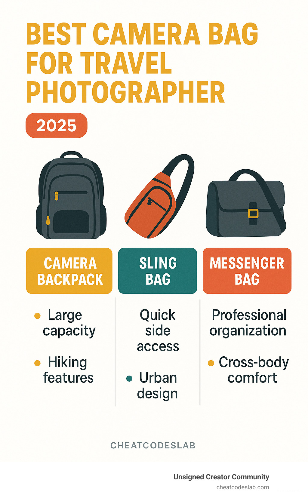Comparison infographic showing camera backpack with large capacity and hiking features, sling bag with quick side access and urban design, and messenger bag with professional organization and cross-body comfort - best camera bag for travel photographer infographic 