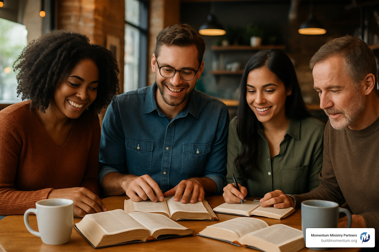 Small group Bible study in a coffee shop - Christian education resources