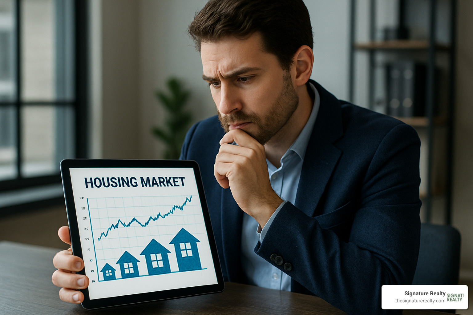 Person looking thoughtfully at a housing market chart on a tablet, representing careful market analysis and decision-making - Florida real estate market analysis