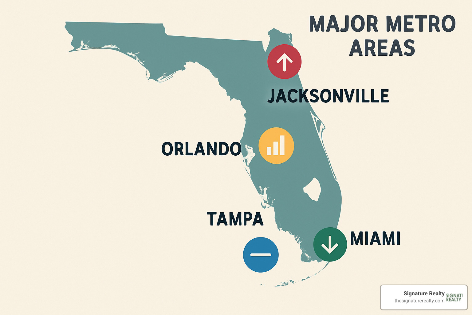 Map of Florida highlighting major metro areas like Miami, Tampa, Orlando, and Jacksonville with different market indicators - Florida real estate market analysis