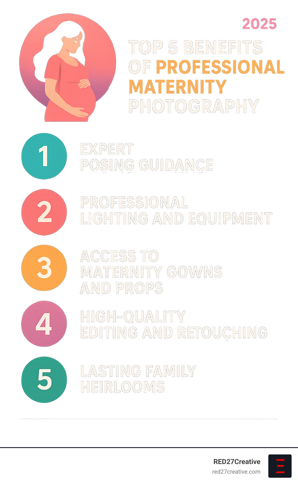 Picture Perfect Pregnancy – Maternity Photography Naperville IL • Maternity photography Naperville IL • RED27Creative Infographic showing the top 5 benefits of professional maternity photography including expert posing guidance, professional lighting and equipment, access to maternity gowns and props, high-quality editing and retouching, and creating lasting family heirlooms - Maternity photography Naperville IL infographic
