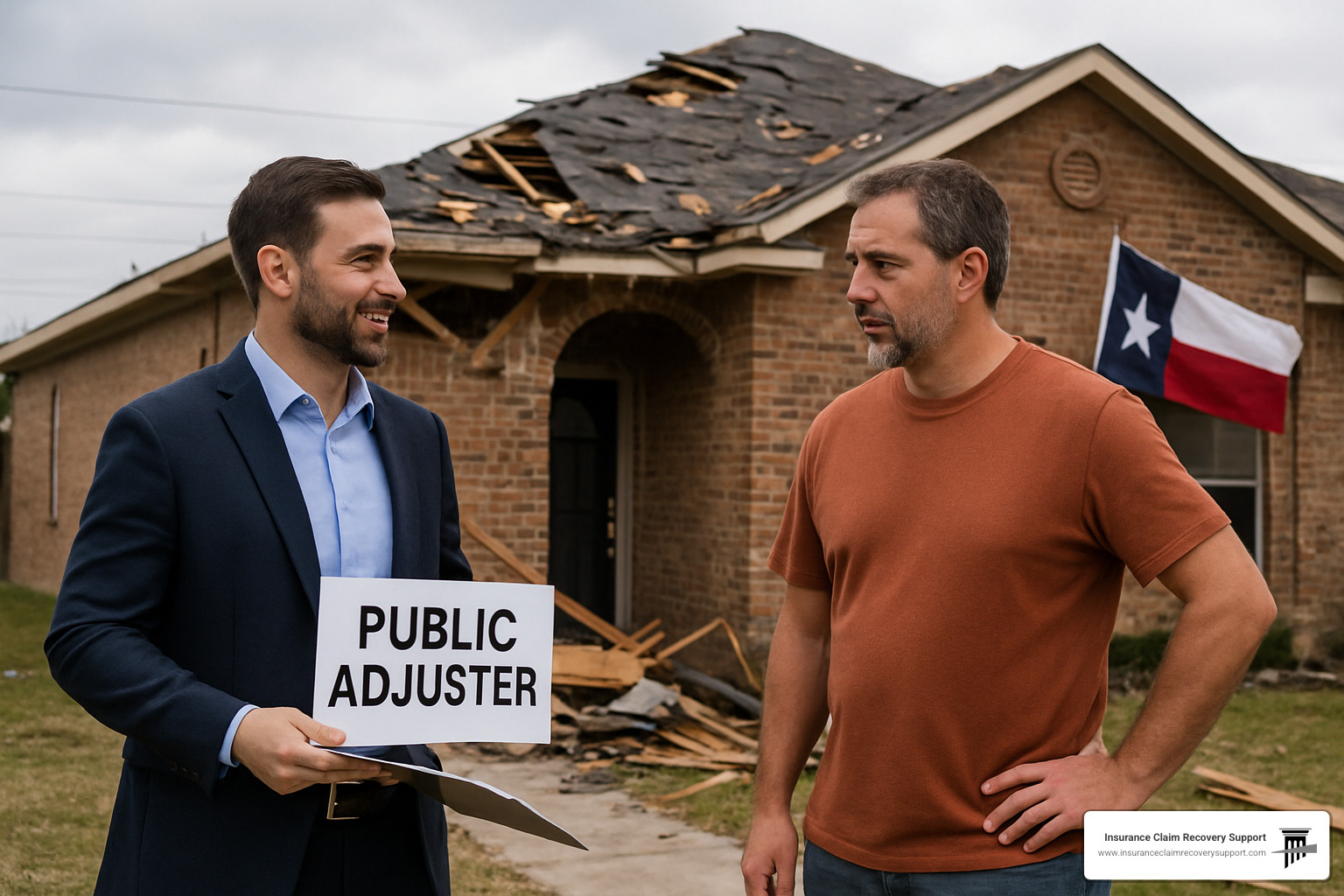 Public adjuster meeting with homeowner in front of damaged property - Texas property insurance adjusters