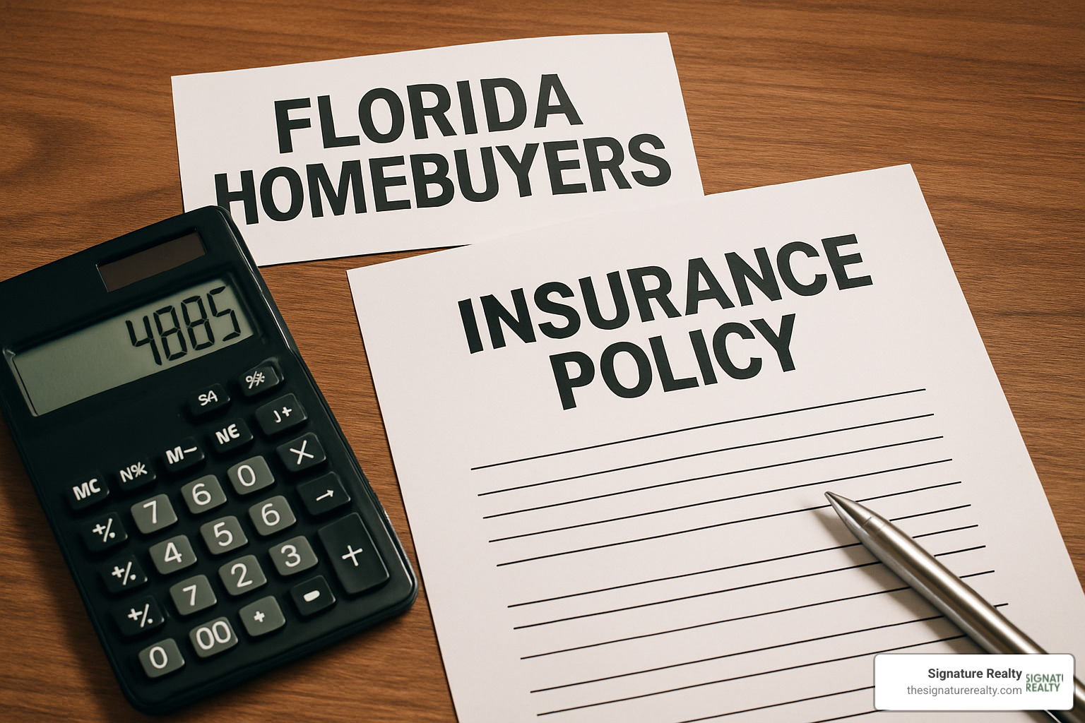 Calculator and insurance policy documents on a desk representing the financial challenges facing Florida homebuyers - Florida real estate market analysis