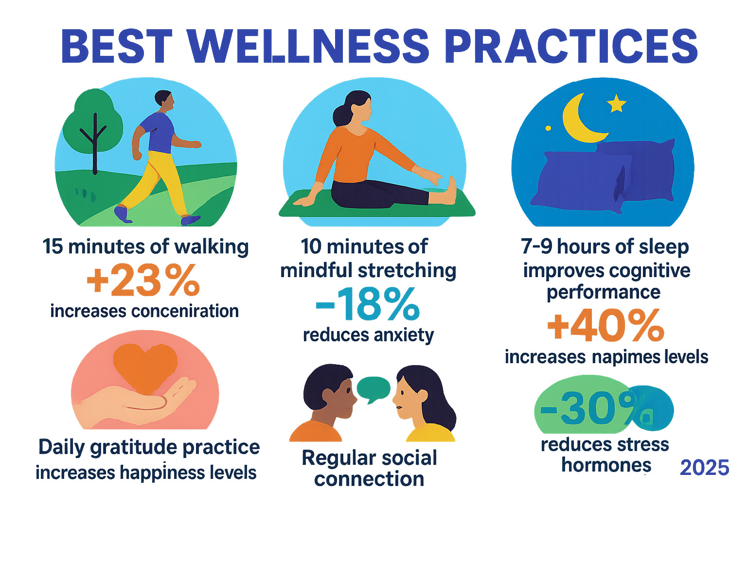 Statistics showing wellness benefits: 15 minutes of walking increases concentration by 23%, 10 minutes of mindful stretching reduces anxiety by 18%, 7-9 hours of sleep improves cognitive performance by 40%, daily gratitude practice increases happiness levels by 25%, and regular social connection reduces stress hormones by 30% - Best wellness practices infographic 