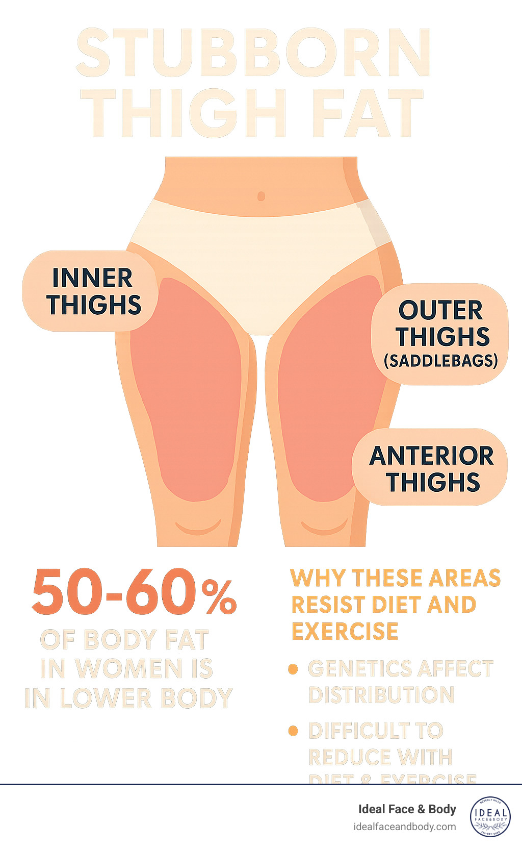 Infographic showing common areas of stubborn thigh fat including inner thighs, outer thighs (saddlebags), and anterior thighs, with statistics on fat distribution patterns and why these areas resist diet and exercise - vaser lipo inner thighs infographic 