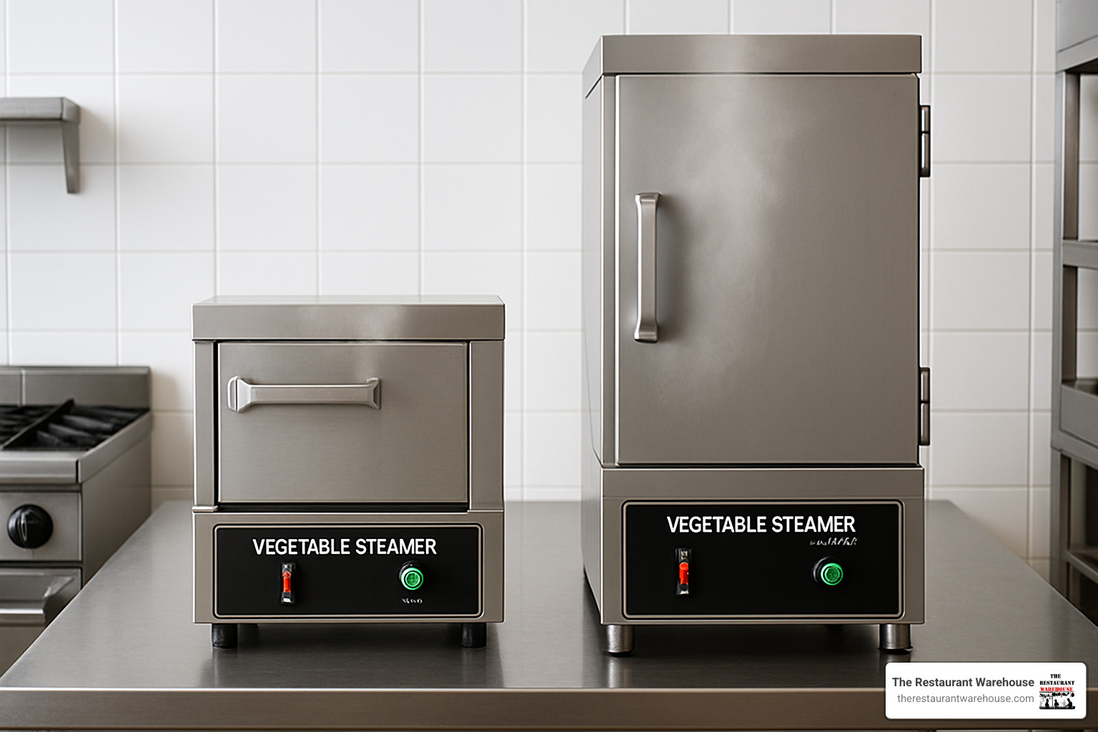 countertop steamer next to a floor model steamer showing size differences - commercial vegetable steamer