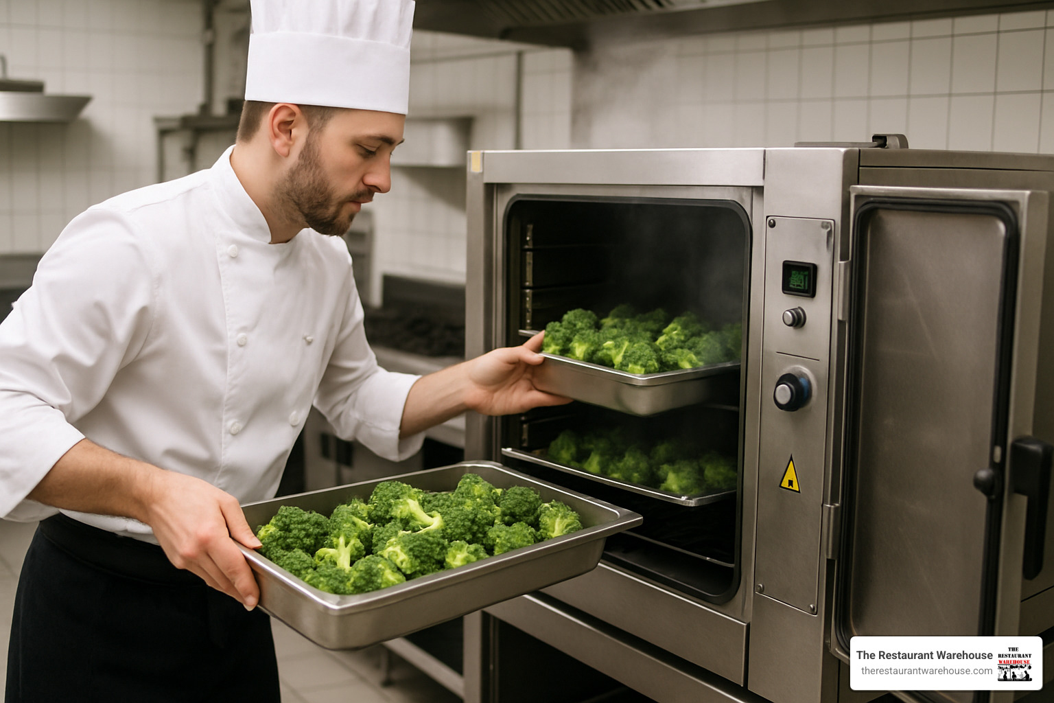 chef loading pans of broccoli into a floor model steamer - commercial vegetable steamer