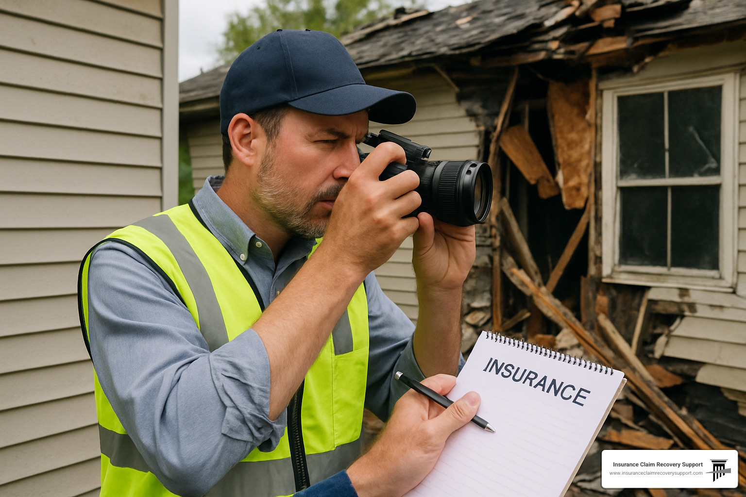 Adjuster carefully documenting damage with camera and notepad - Texas property insurance adjusters