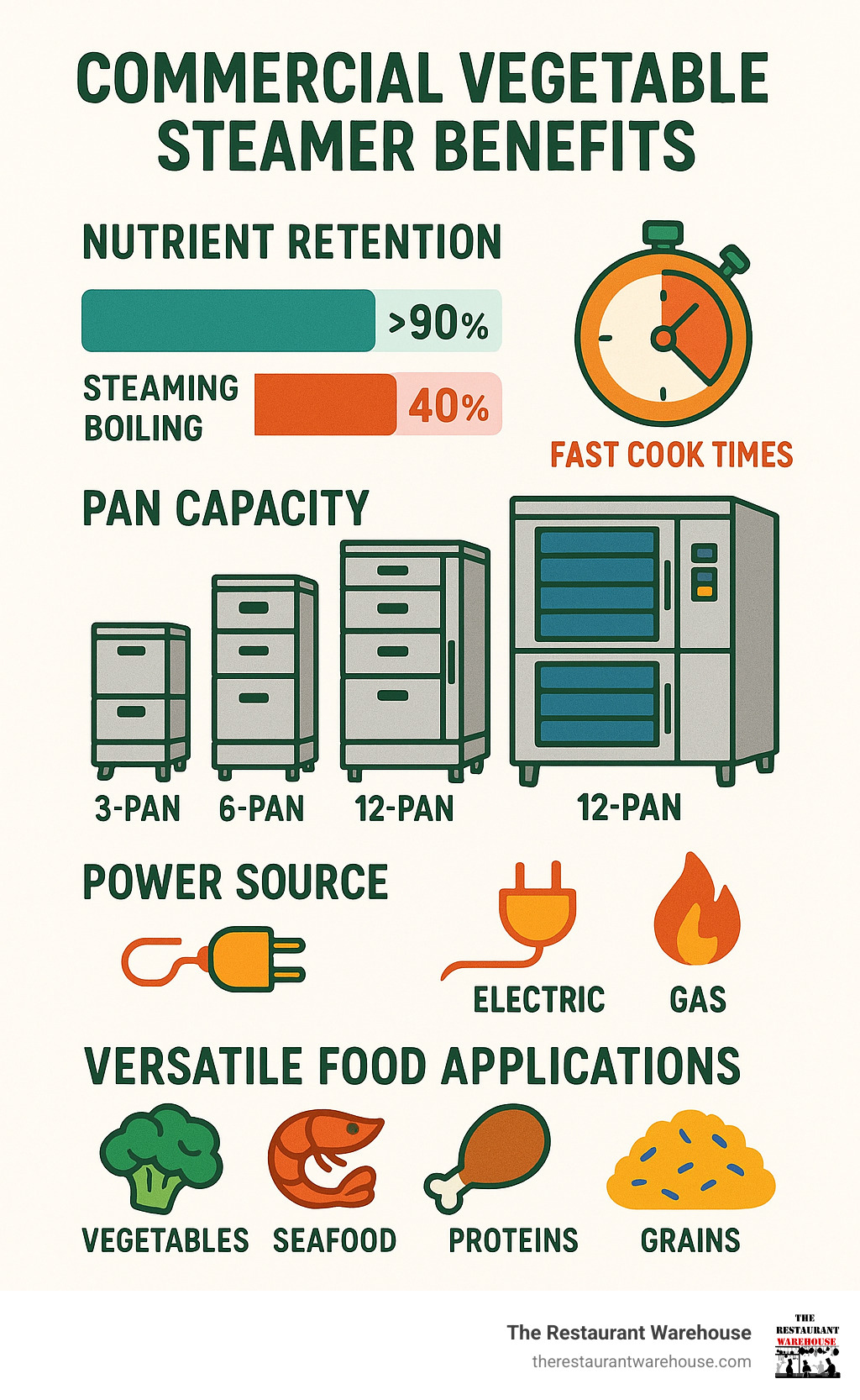 Infographic showing commercial vegetable steamer benefits: nutrient retention comparison between steaming vs boiling, cooking speed advantages, pan capacity options from 3-pan to 12-pan models, power source differences between electric and gas units, and versatile food applications beyond vegetables including seafood, proteins, and grains - commercial vegetable steamer infographic 