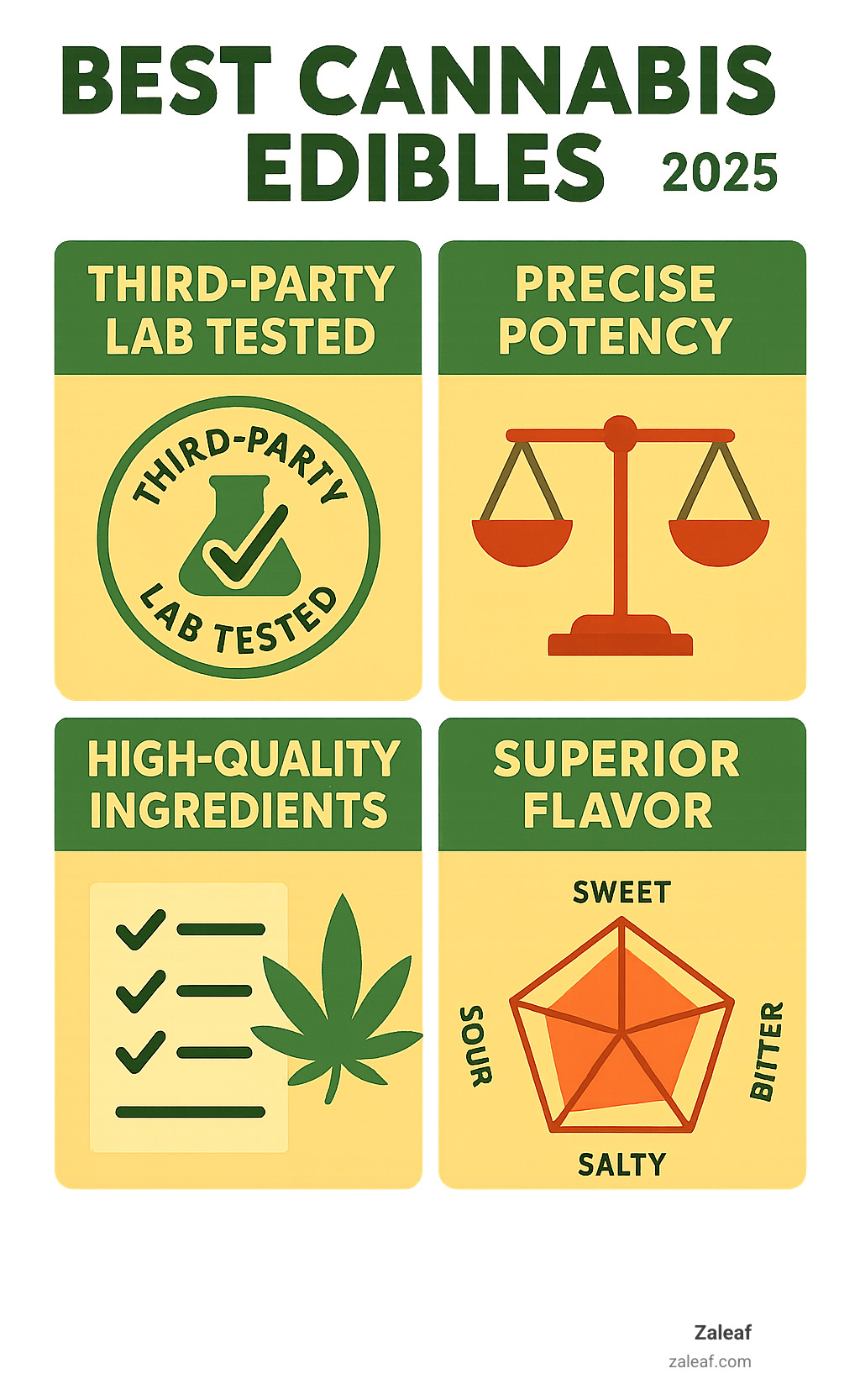 Infographic showing key criteria for choosing quality cannabis edibles: Third-Party Lab Tested badge, Precise Potency measurement scale, High-Quality Ingredients checklist, and Superior Flavor taste profile chart - best cannabis edibles infographic 
