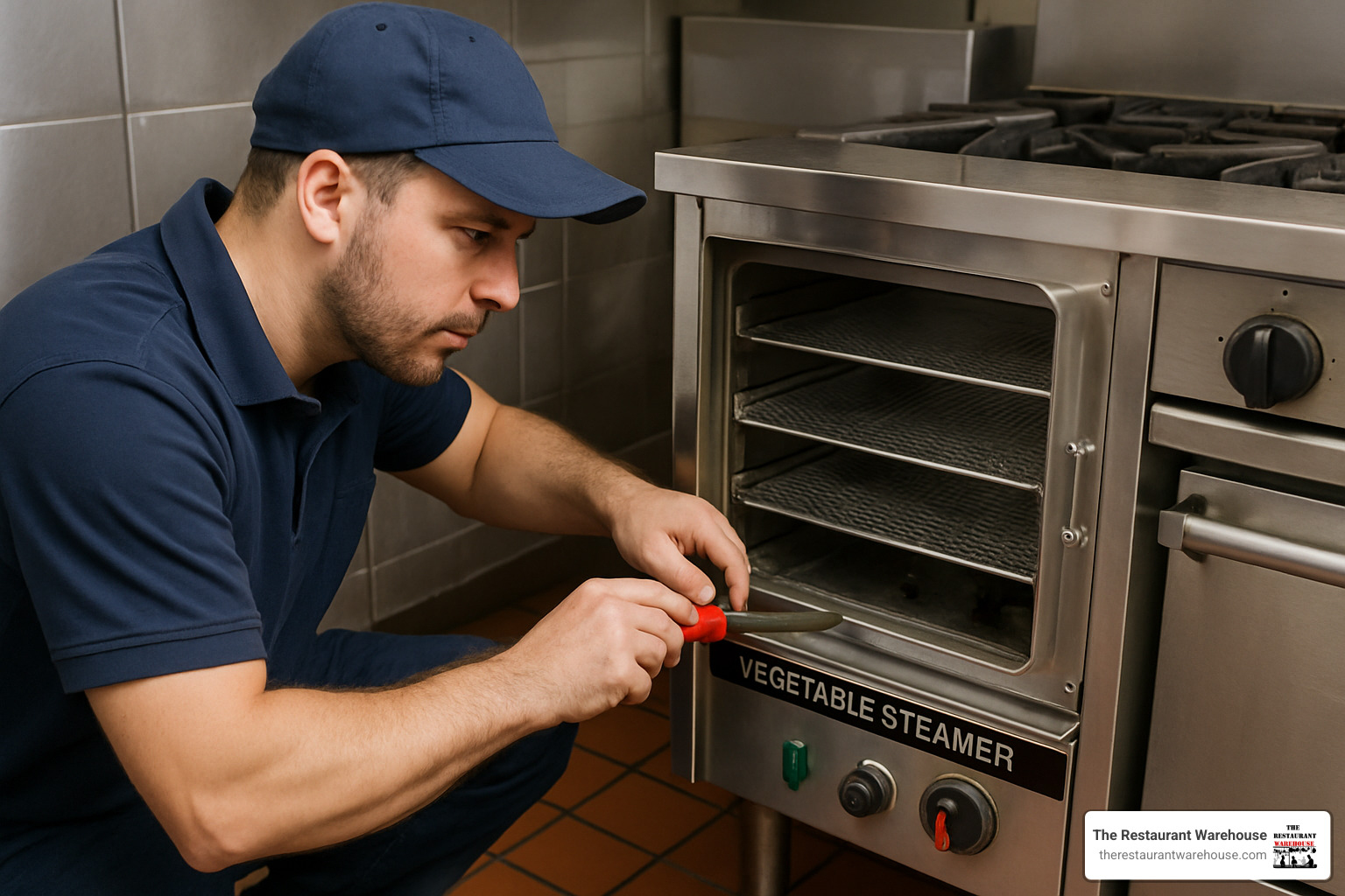 technician performing maintenance on a commercial steamer - commercial vegetable steamer