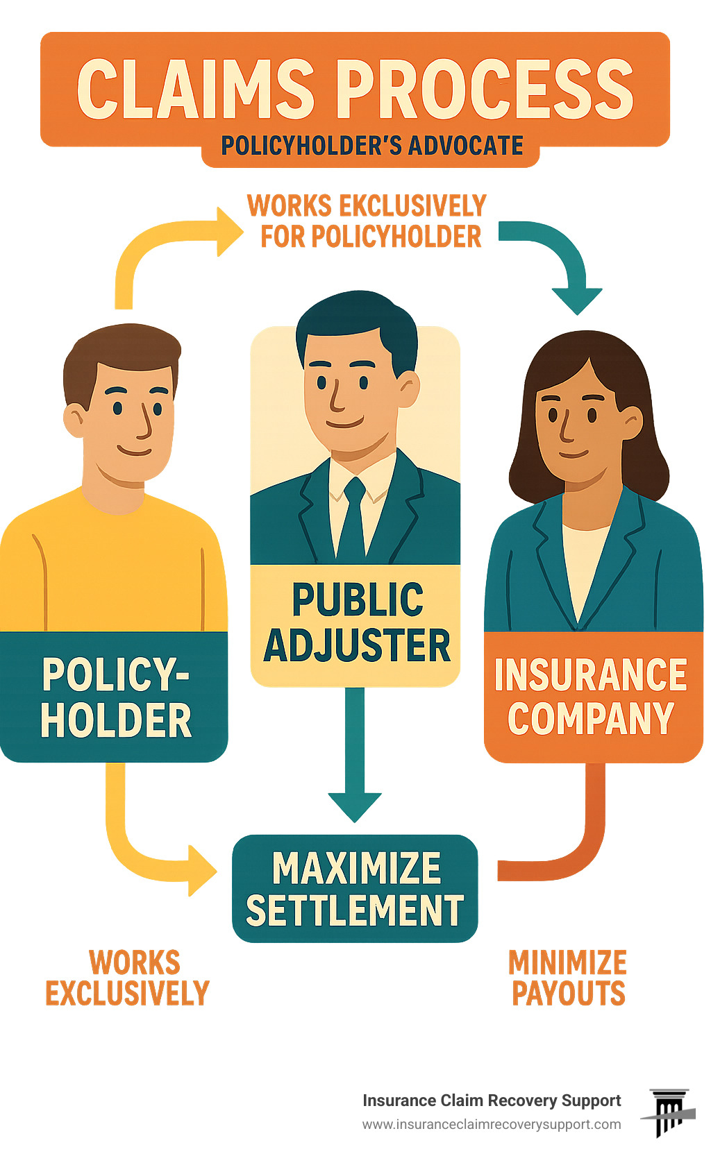 Infographic showing the claims process with three parties: policyholder on the left, insurance company on the right, and public adjuster in the middle as the policyholder's advocate. The public adjuster bridges the gap between the policyholder and insurance company, with arrows showing how they work exclusively for the policyholder to maximize settlements while the insurance company's goal is to minimize payouts. - Texas property insurance adjusters infographic 