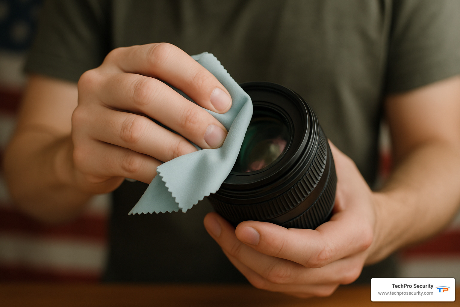 person wiping a camera lens with a microfiber cloth - camera maintenance checklist