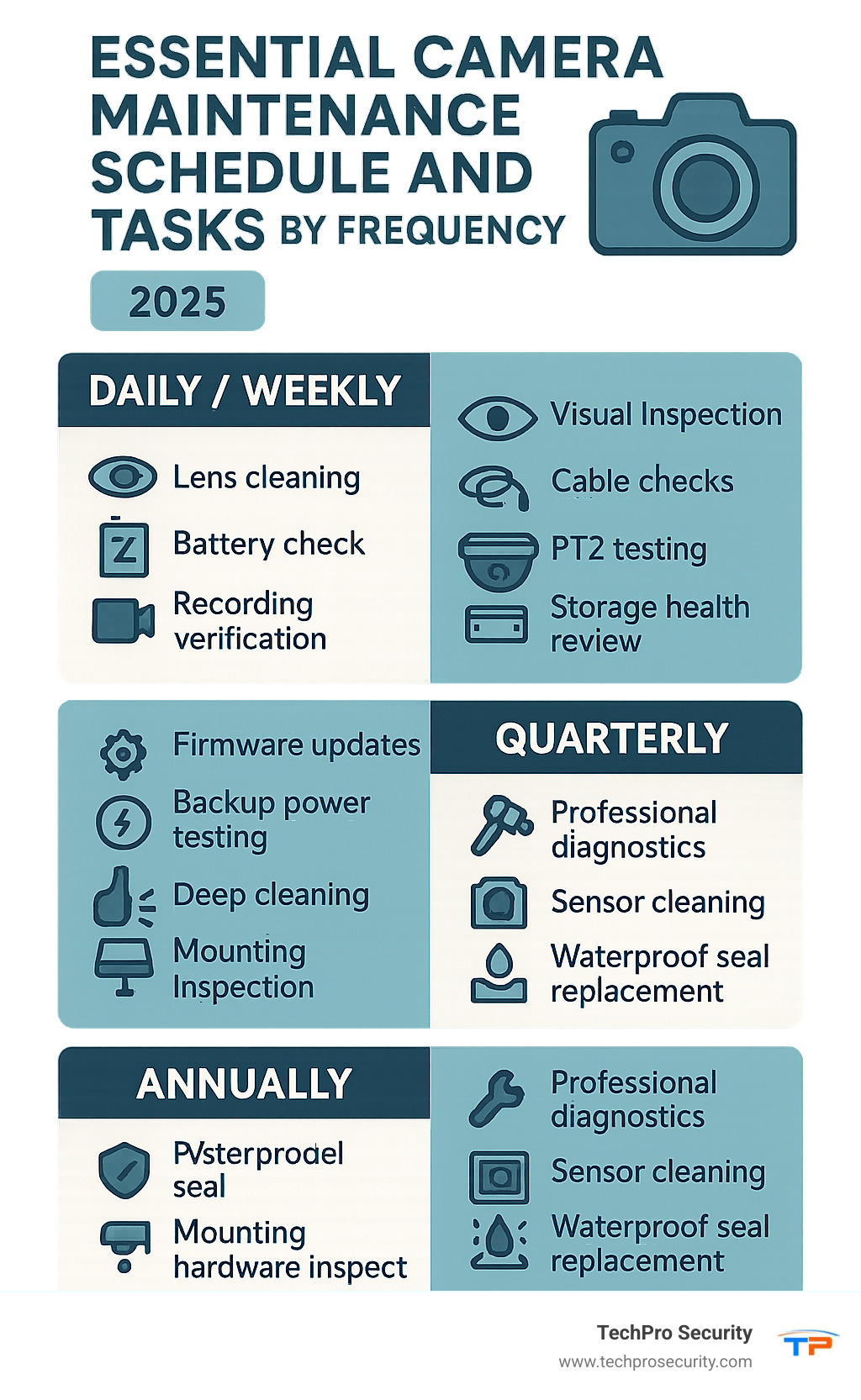 Essential Camera Maintenance Schedule and Tasks by Frequency - camera maintenance checklist infographic 