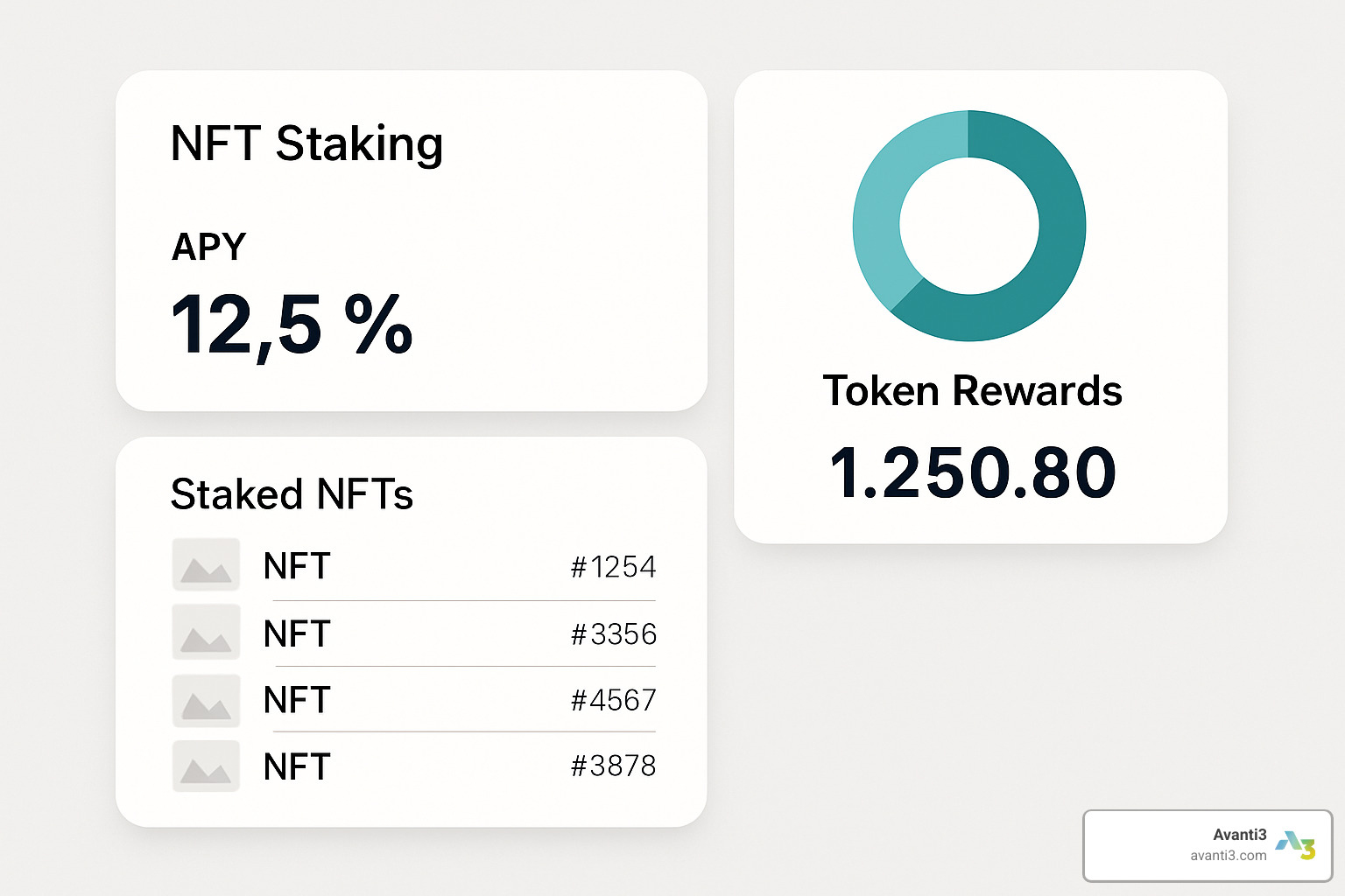 Dashboard showing APY, staked NFTs, and accumulating token rewards - NFT staking rewards