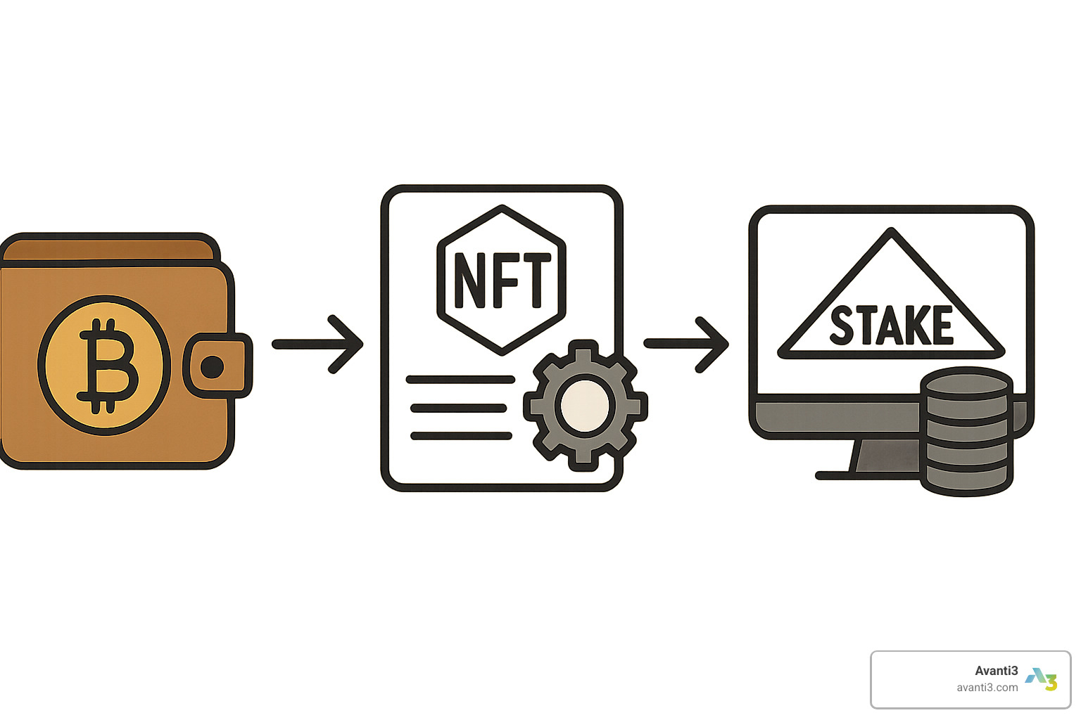 Diagram showing a crypto wallet connecting to a staking platform's smart contract - NFT staking rewards